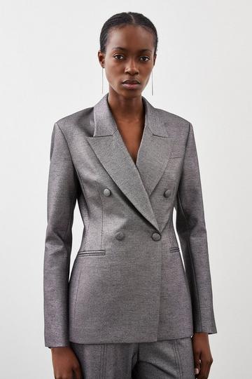 Tailored Compact Stretch Sparkle Tuxedo Blazer silver grey